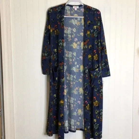 LuLaRoe | Sarah Cardigan Duster Sweater Blue/Fall Floral Medium - Picture 3 of 12